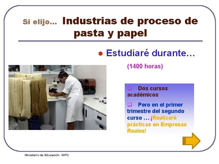 Si elijo… Industrias de proceso de pasta y papel l Estudiaré durante… (1400 horas)