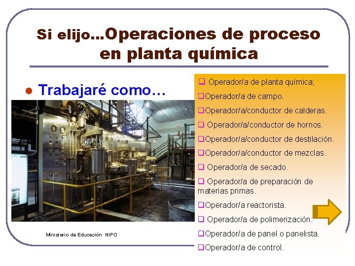 Si elijo…Operaciones de proceso en planta química l Trabajaré como… q Operador/a de planta