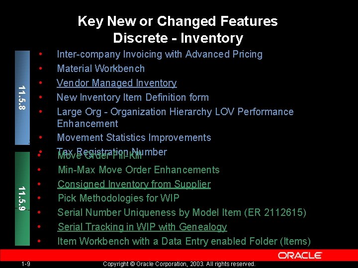 Key New or Changed Features Discrete - Inventory 11. 5. 8 11. 5. 9