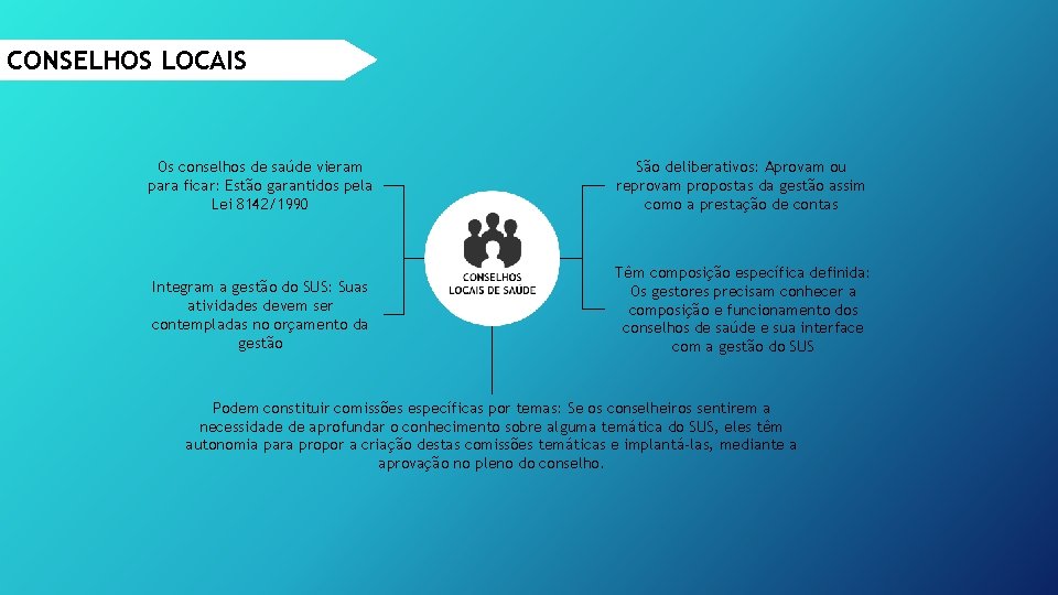 CONSELHOS LOCAIS Os conselhos de saúde vieram para ficar: Estão garantidos pela Lei 8142/1990