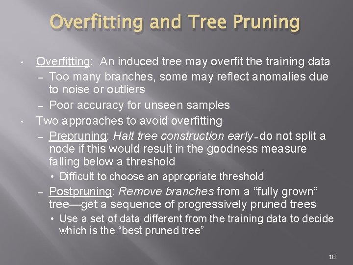 Overfitting and Tree Pruning • • Overfitting: An induced tree may overfit the training