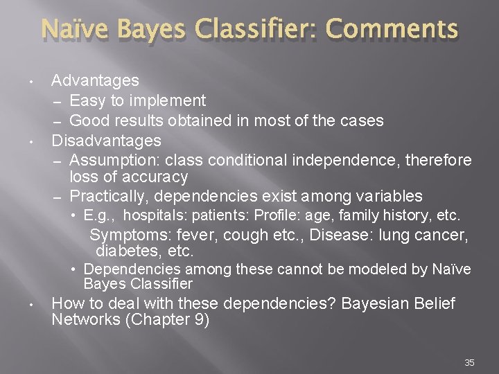 Naïve Bayes Classifier: Comments • • Advantages – Easy to implement – Good results