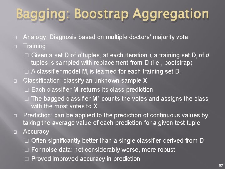 Bagging: Boostrap Aggregation � � � Analogy: Diagnosis based on multiple doctors’ majority vote