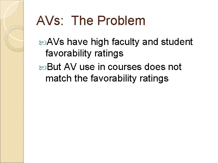 AVs: The Problem AVs have high faculty and student favorability ratings But AV use AVs: The Problem AVs have high faculty and student favorability ratings But AV use