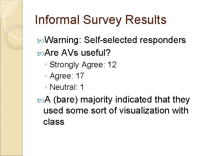Informal Survey Results Warning: Self-selected responders Are AVs useful? ◦ Strongly Agree: 12 ◦ Informal Survey Results Warning: Self-selected responders Are AVs useful? ◦ Strongly Agree: 12 ◦