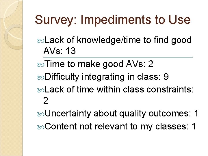 Survey: Impediments to Use Lack of knowledge/time to find good AVs: 13 Time to Survey: Impediments to Use Lack of knowledge/time to find good AVs: 13 Time to