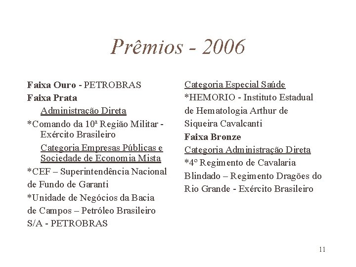 Prêmios - 2006 Faixa Ouro - PETROBRAS Faixa Prata Administração Direta *Comando da 10ª