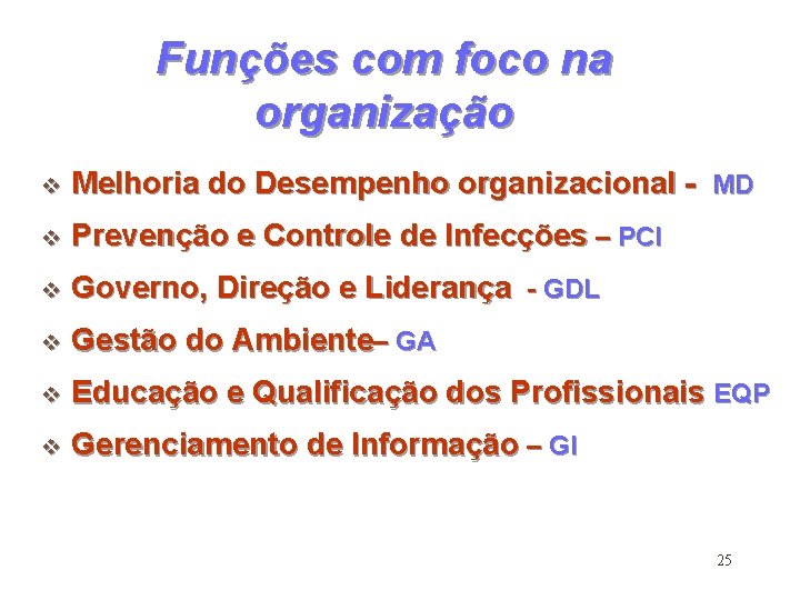 Funções com foco na organização v Melhoria do Desempenho organizacional - MD v Prevenção