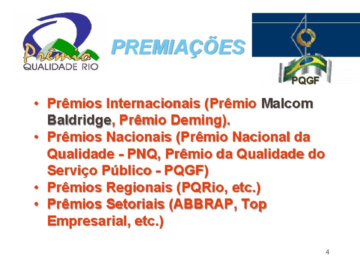 PREMIAÇÕES PQGF • Prêmios Internacionais (Prêmio Malcom Baldridge, Prêmio Deming). • Prêmios Nacionais (Prêmio