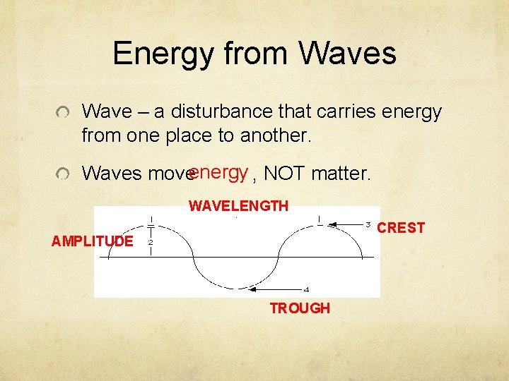 Energy from Waves Wave – a disturbance that carries energy from one place to