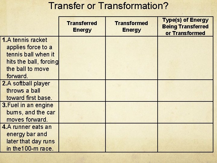 Transfer or Transformation? Transferred Energy 1. A tennis racket applies force to a tennis