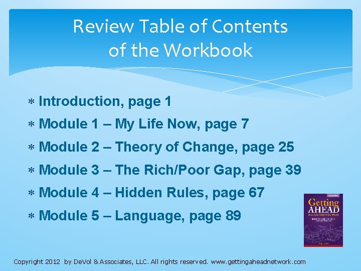Review Table of Contents of the Workbook Introduction, page 1 Module 1 – My