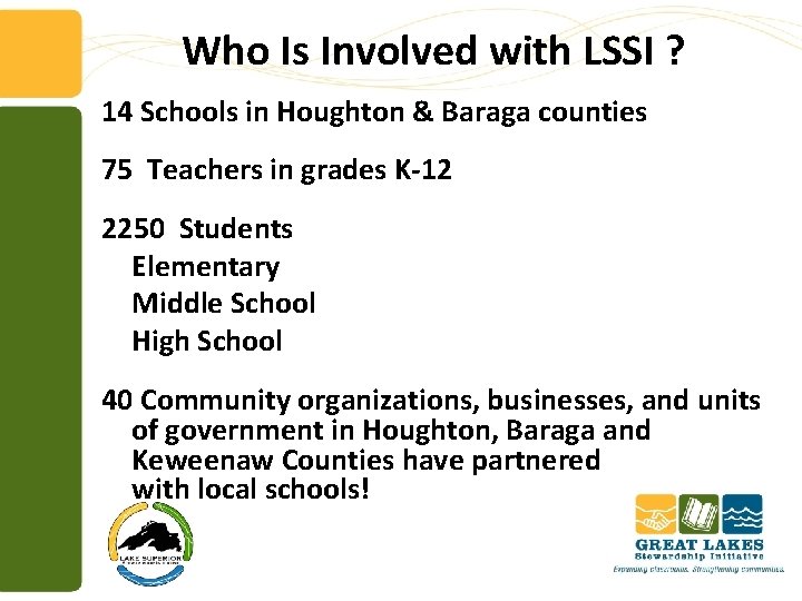 Who Is Involved with LSSI ? 14 Schools in Houghton & Baraga counties 75