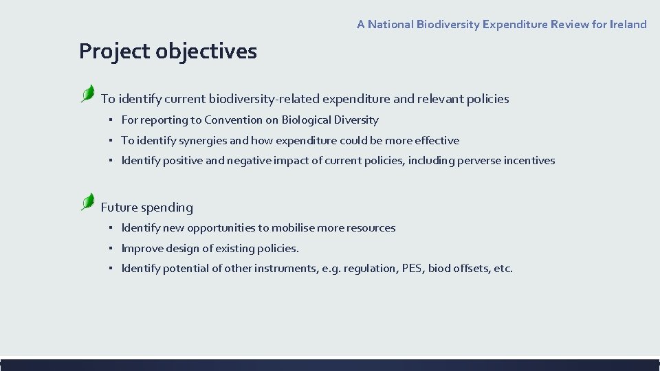 A National Biodiversity Expenditure Review for Ireland Project objectives To identify current biodiversity-related expenditure