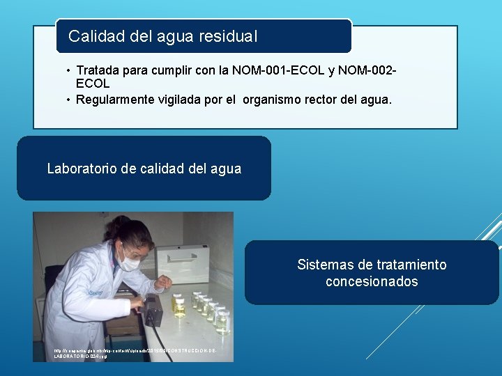 Calidad del agua residual • Tratada para cumplir con la NOM-001 -ECOL y NOM-002