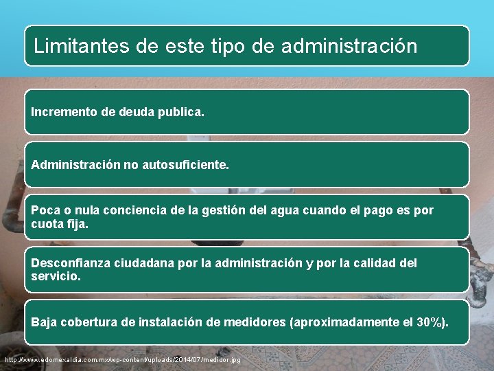 Limitantes de este tipo de administración Incremento de deuda publica. Administración no autosuficiente. Poca