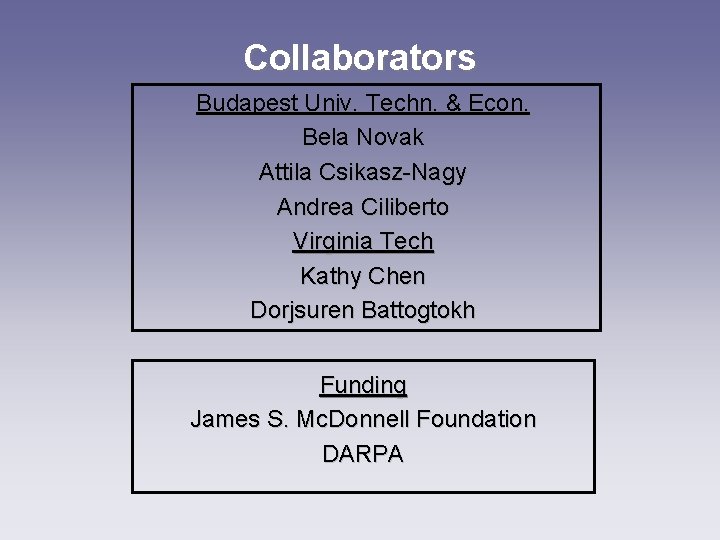 Collaborators Budapest Univ. Techn. & Econ. Bela Novak Attila Csikasz-Nagy Andrea Ciliberto Virginia Tech