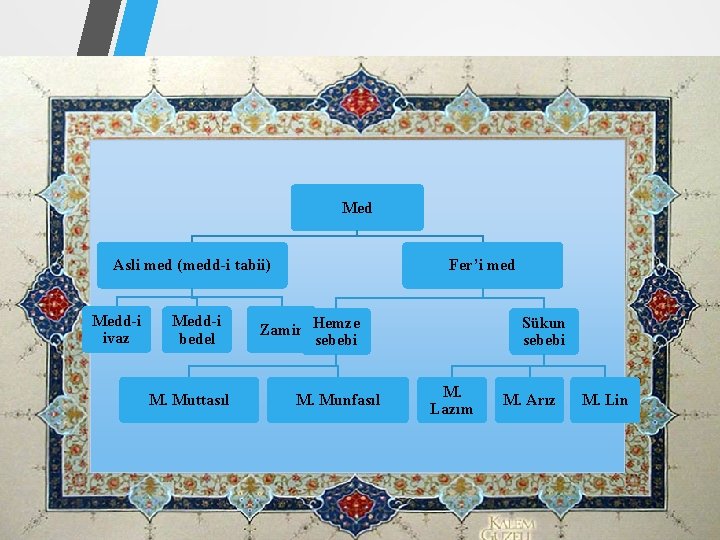 Med Asli med (medd-i tabii) Medd-i ivaz Medd-i bedel M. Muttasıl Fer’i med Zamir Med Asli med (medd-i tabii) Medd-i ivaz Medd-i bedel M. Muttasıl Fer’i med Zamir
