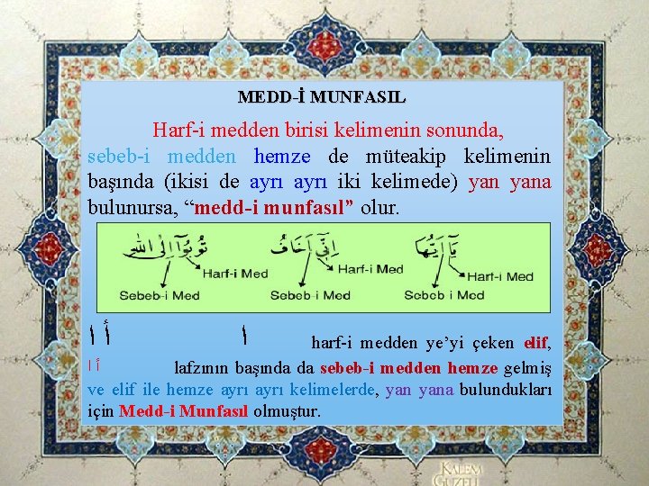MEDD-İ MUNFASIL Harf-i medden birisi kelimenin sonunda, sebeb-i medden hemze de müteakip kelimenin başında MEDD-İ MUNFASIL Harf-i medden birisi kelimenin sonunda, sebeb-i medden hemze de müteakip kelimenin başında