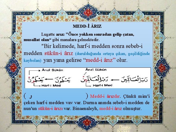 MEDD-İ RIZ Lugatte arız: "Önce yokken sonradan gelip çatan, musallat olan“ gibi manalara gelmektedir. MEDD-İ RIZ Lugatte arız: "Önce yokken sonradan gelip çatan, musallat olan“ gibi manalara gelmektedir.