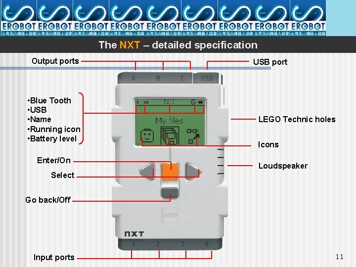 The NXT – detailed specification Output ports • Blue Tooth • USB • Name