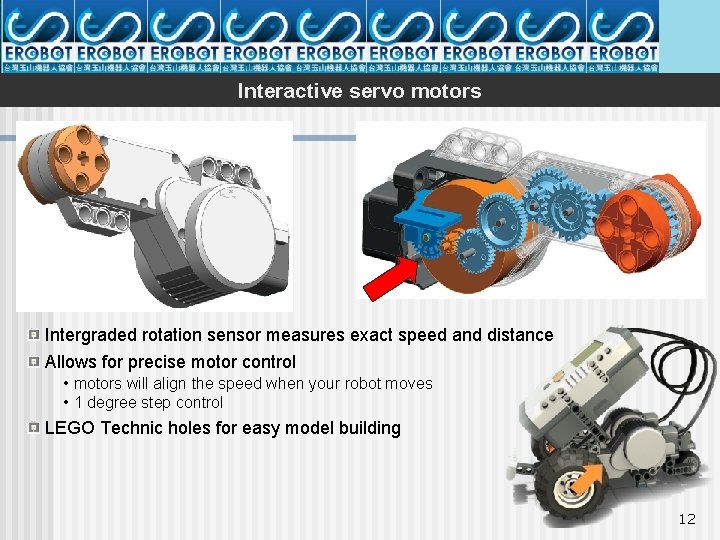 Interactive servo motors Intergraded rotation sensor measures exact speed and distance Allows for precise