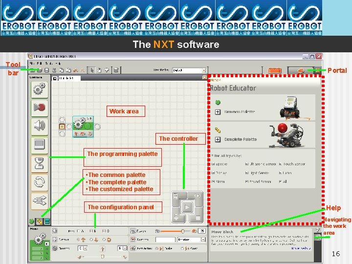 The NXT software Tool bar Portal Work area The controller The programming palette •