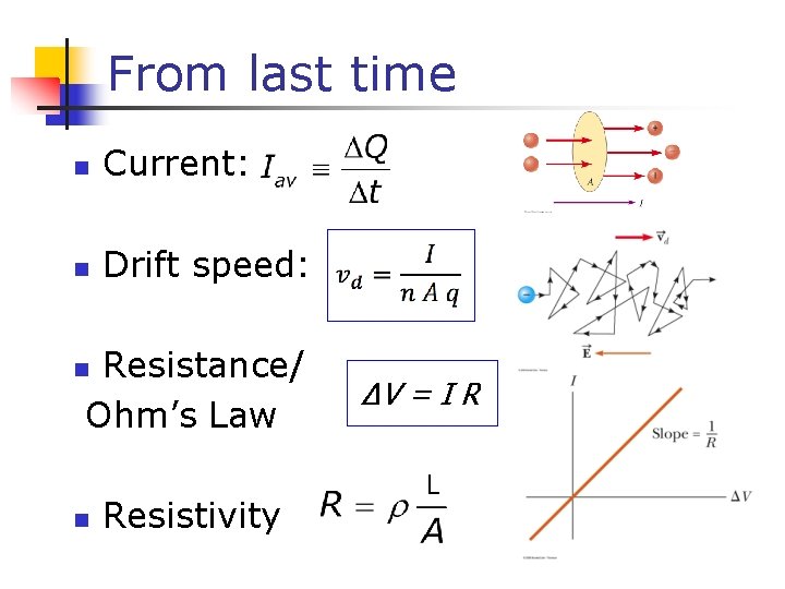 From last time n Current: n Drift speed: Resistance/ Ohm’s Law n n Resistivity