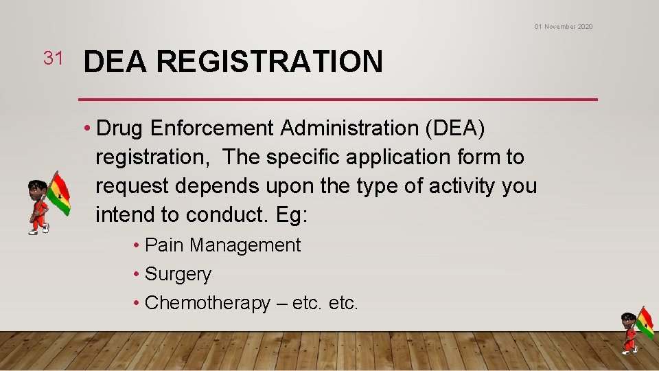 01 November 2020 31 DEA REGISTRATION • Drug Enforcement Administration (DEA) registration, The specific 01 November 2020 31 DEA REGISTRATION • Drug Enforcement Administration (DEA) registration, The specific