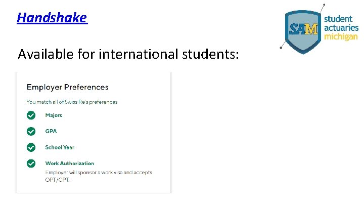 Handshake Available for international students: 