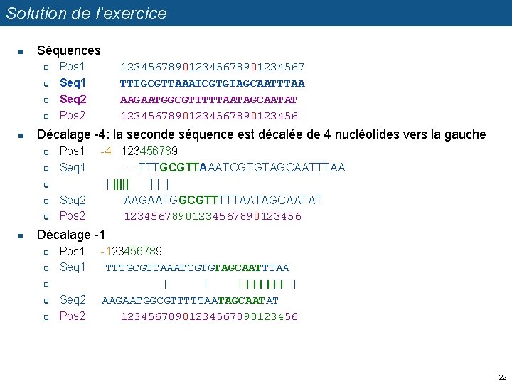 Solution de l’exercice n Séquences q q n 12345678901234567 TTTGCGTTAAATCGTGTAGCAATTTAA AAGAATGGCGTTTTTAATAGCAATAT 1234567890123456 Décalage -4: