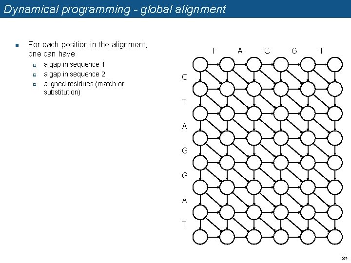 Dynamical programming - global alignment n For each position in the alignment, one can
