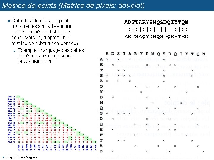 Matrice de points (Matrice de pixels; dot-plot) n n Outre les identités, on peut