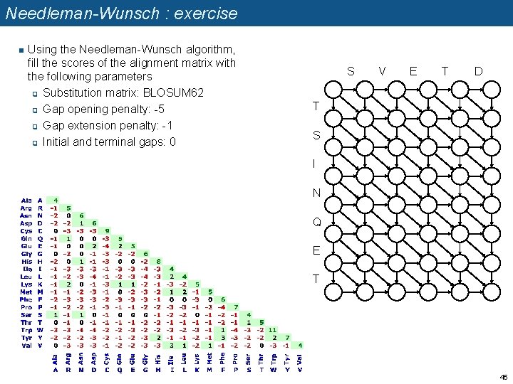 Needleman-Wunsch : exercise n Using the Needleman-Wunsch algorithm, fill the scores of the alignment