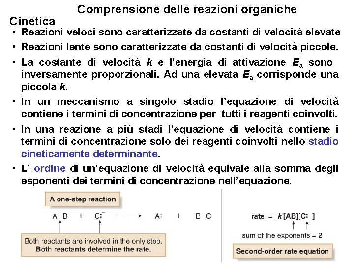 Cinetica Comprensione delle reazioni organiche • Reazioni veloci sono caratterizzate da costanti di velocità