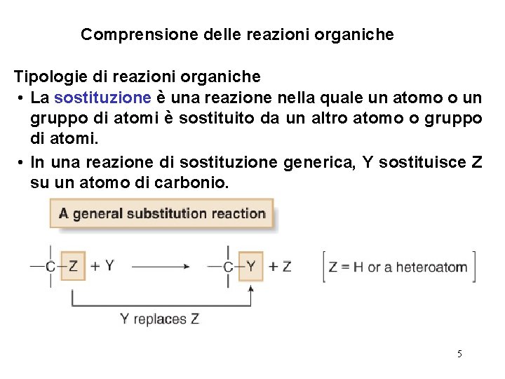 Comprensione delle reazioni organiche Tipologie di reazioni organiche • La sostituzione è una reazione