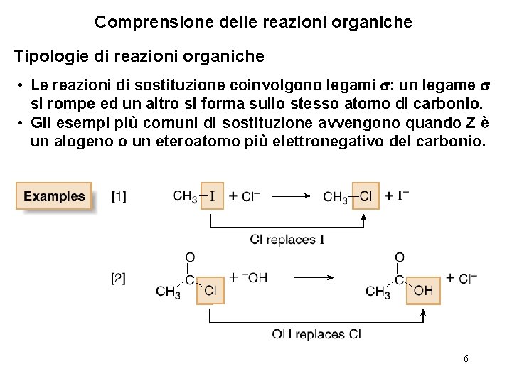 Comprensione delle reazioni organiche Tipologie di reazioni organiche • Le reazioni di sostituzione coinvolgono