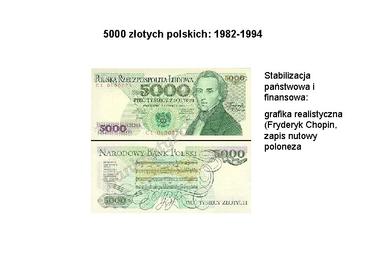 5000 złotych polskich: 1982 -1994 Stabilizacja państwowa i finansowa: grafika realistyczna (Fryderyk Chopin, zapis