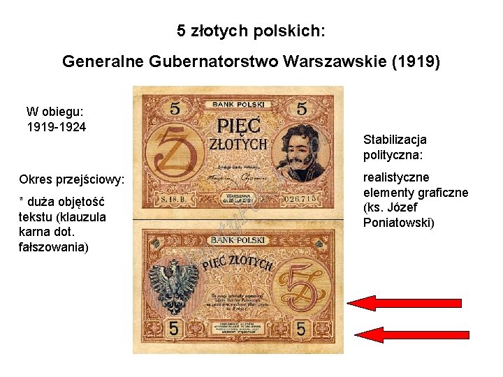 5 złotych polskich: Generalne Gubernatorstwo Warszawskie (1919) W obiegu: 1919 -1924 Okres przejściowy: *