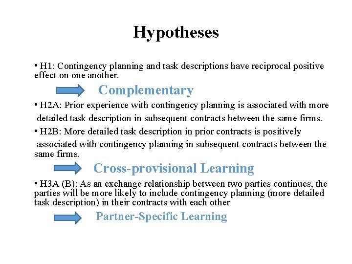 Hypotheses • H 1: Contingency planning and task descriptions have reciprocal positive effect on