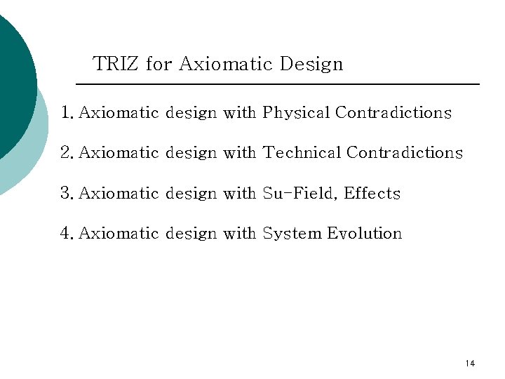 TRIZ for Axiomatic Design 1. Axiomatic design with Physical Contradictions 2. Axiomatic design with