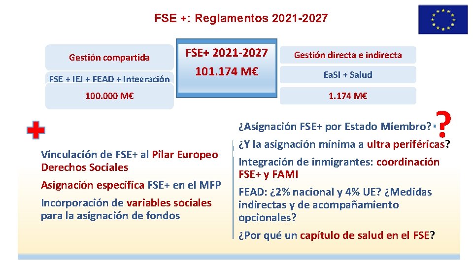 FSE +: Reglamentos 2021 -2027 Gestión compartida FSE + IEJ + FEAD + Integración