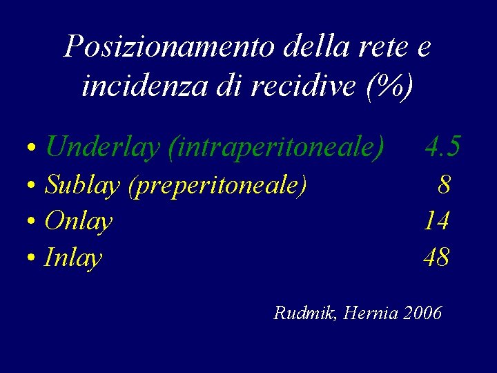 Posizionamento della rete e incidenza di recidive (%) • Underlay (intraperitoneale) 4. 5 •