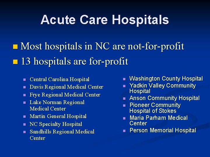Acute Care Hospitals n Most hospitals in NC are not-for-profit n 13 hospitals are