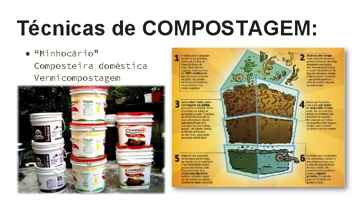 Técnicas de COMPOSTAGEM: ● “Minhocário” Composteira doméstica Vermicompostagem 