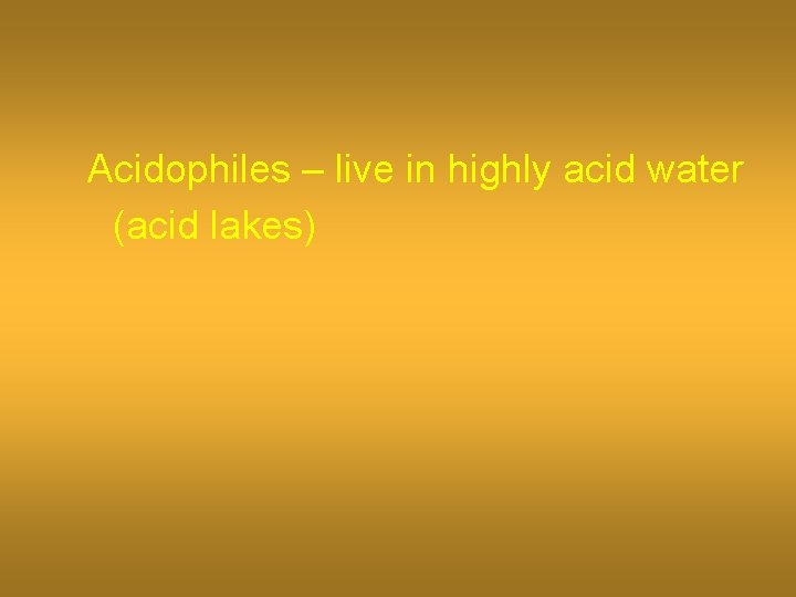 Acidophiles – live in highly acid water (acid lakes) 