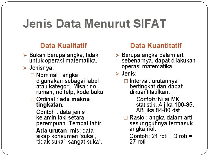 Jenis Data Menurut SIFAT Data Kualitatif Ø Bukan berupa angka, tidak untuk operasi matematika.