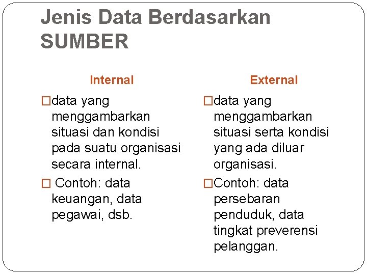 Jenis Data Berdasarkan SUMBER Internal External �data yang menggambarkan situasi dan kondisi pada suatu