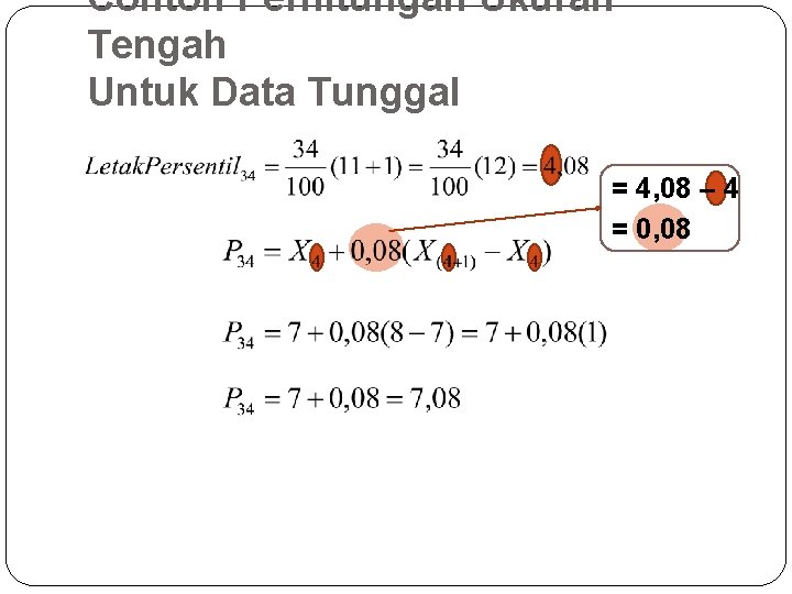 Contoh Perhitungan Ukuran Tengah Untuk Data Tunggal = 4, 08 – 4 = 0,