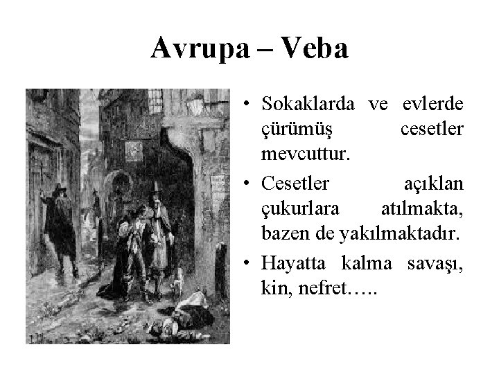 Avrupa – Veba • Sokaklarda ve evlerde çürümüş cesetler mevcuttur. • Cesetler açıklan çukurlara